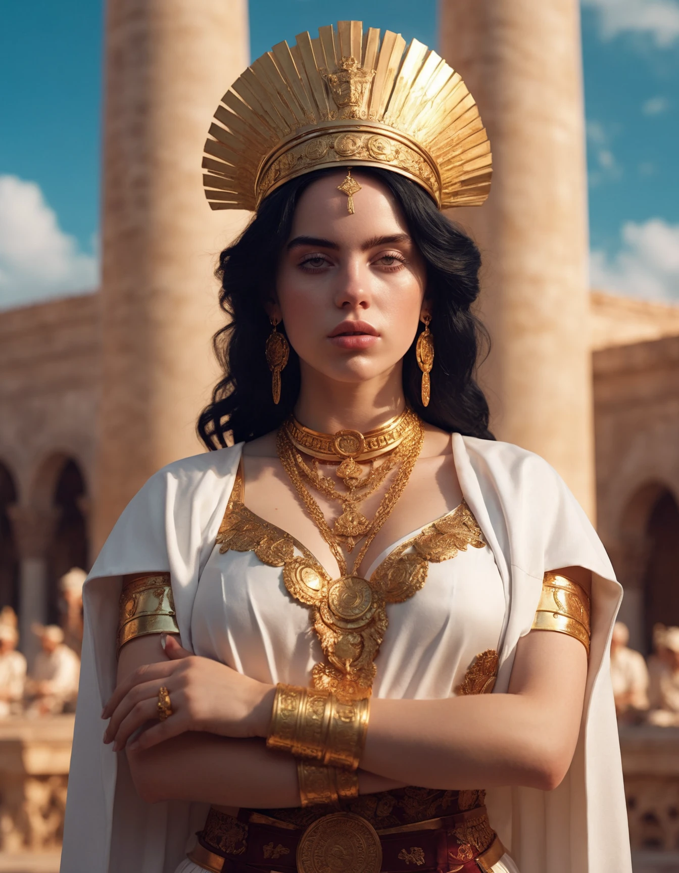cinematic photo (((ohwx woman))) as a roman queen, fantasy, intricate, artstation, full body, concept art, smooth, sharp focus by huang guangjian and gil elvgren and sachin teng, 8 k <lora:billie_dh128_lora_v2:1.1> . 35mm photograph, film, bokeh, professional, 4k, highly detailed