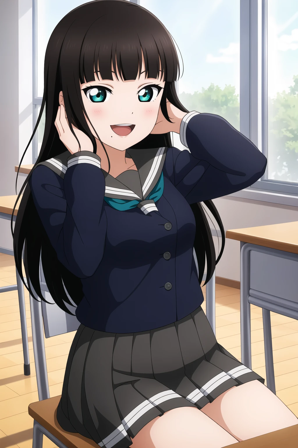 masterpiece, best quality, highres, absurdres, 1girl,
<lora:DiaKurosawa_Mistoon_Locon_CulturedDiffusion:0.6>, dia kurosawa, black hair, aqua eyes, mole under mouth,
school uniform,
classroom, table, chair,
smile, open mouth, hands behind head, sitting