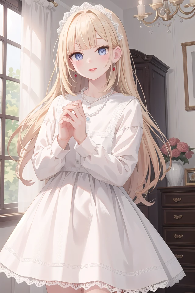 insanely detailed, absurdres, ultra-highres, ultra-detailed, best quality,
1girl, solo, nice hands, perfect hands,
BREAK
(dress, eyelashes, jewelry, lace trimmed dress, lace trim, lips, necklace, pearl necklace, red lips, white dress:1.3)
BREAK
happy smile, laugh, closed mouth, standing,
,
cute pose, cowboy shot, looking at viewer
BREAK
slender, kawaii, perfect symmetrical face, ultra cute girl, ultra cute face, ultra detailed eyes, ultra detailed hair, ultra cute, ultra beautiful,
BREAK
in hotel room
BREAK
large breasts, blonde long hair, bangs, (cleavage:-1.5)