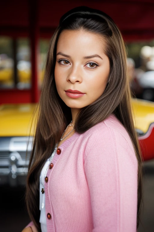 h011ym4ri3c0mb5, long brown hair, shimmering brown eyes, sfw, heart locket around neck, smile, outside 1950's drive in restaurant, standing in the parking lot, 1950's style cars in the background, pink cardigan, (white collared shirt:0.9), detailed pupils, poodle skirt, <lora:Holly_Marie_Combs_PMv1_Lora:1.3>,, ((Glamour Portrait)), detailed skin texture, (blush:0.5), (goosebumps:0.5), subsurface scattering, ((photographed by Vogue))
