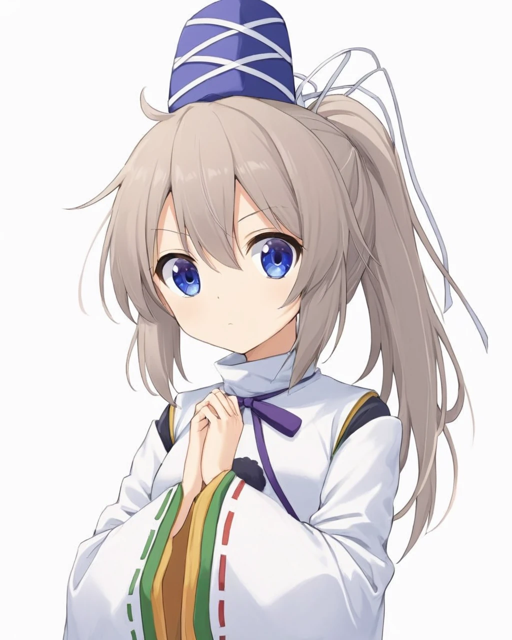 mononobe no futo,1girl, solo, ponytail, tate_eboshi, white_background, simple_background, upper_body, ribbon-trimmed_sleeves, hands_in_opposite_sleeves, wide_sleeves, kariginu, long_sleeves, closed_mouth, ribbon
<lora:mononobe_no_futo_image4909_2023-12-20-000007:1>,star-shaped_pupils,symbol-shaped_pupils,. gorgeous,key visual, vibrant, studio anime,award-winning, professional, highly detailed,high budget, cinemascope