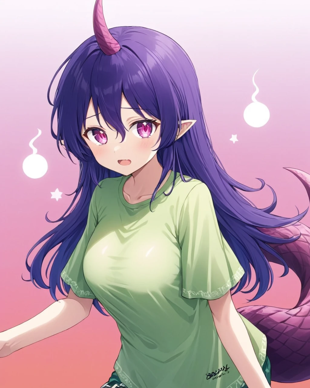 tenkajin chiyari,1girl, solo, green_shirt, open_mouth, looking_at_viewer, fang, short_sleeves, single_horn, breasts, t-shirt, dragon_tail, shirt_tug, gradient_background, gradient
<lora:tenkajin_chiyari_image270_2023-12-20-000030:1>,star-shaped_pupils,symbol-shaped_pupils,. gorgeous,key visual, vibrant, studio anime,award-winning, professional, highly detailed,high budget, cinemascope