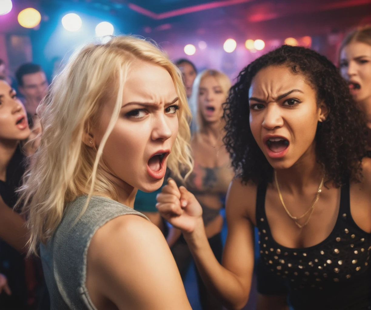 POV, Cinematic Photography, Professional Photography, 2 girls fighting in a club one has blonde hair, one has black hair, one is skinny, one is tall, LIghts flashing, Music is loud, Scene is hectic, intricate details, angry faces, Mixed races, every girl has a different face, emotional, guys laughing in the background, Foreground is focused, Background is blurry