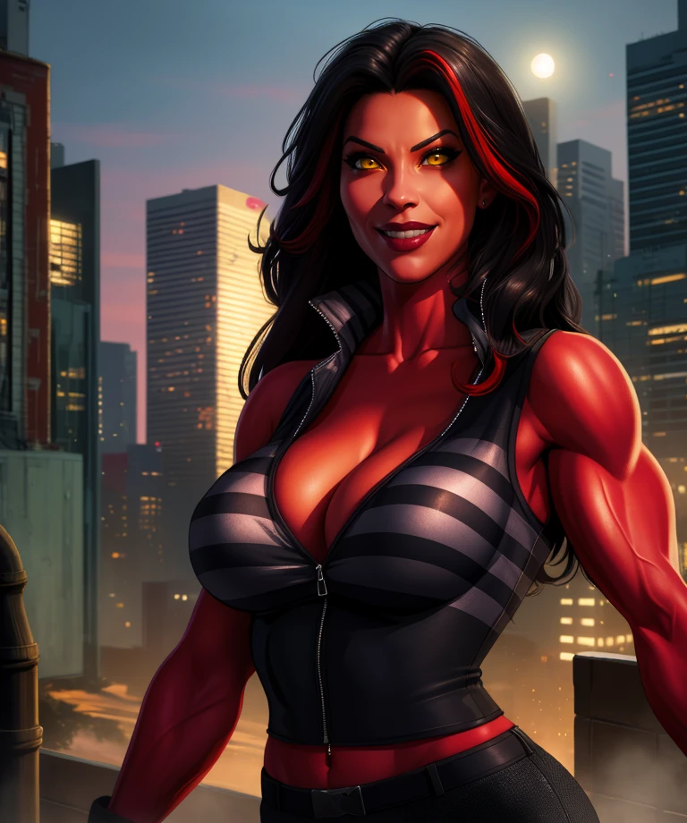 RedSheHulk,yellow eyes,red skin,black hair,muscular,cleavage,
bare shoulders,black vest,pants,smile,vertical stripes,
standing,upper body,midriff,
cityscape,night,
(insanely detailed, beautiful detailed face,beautiful detailed eyes, masterpiece, best quality),<lora:BettyRH:0.8>,