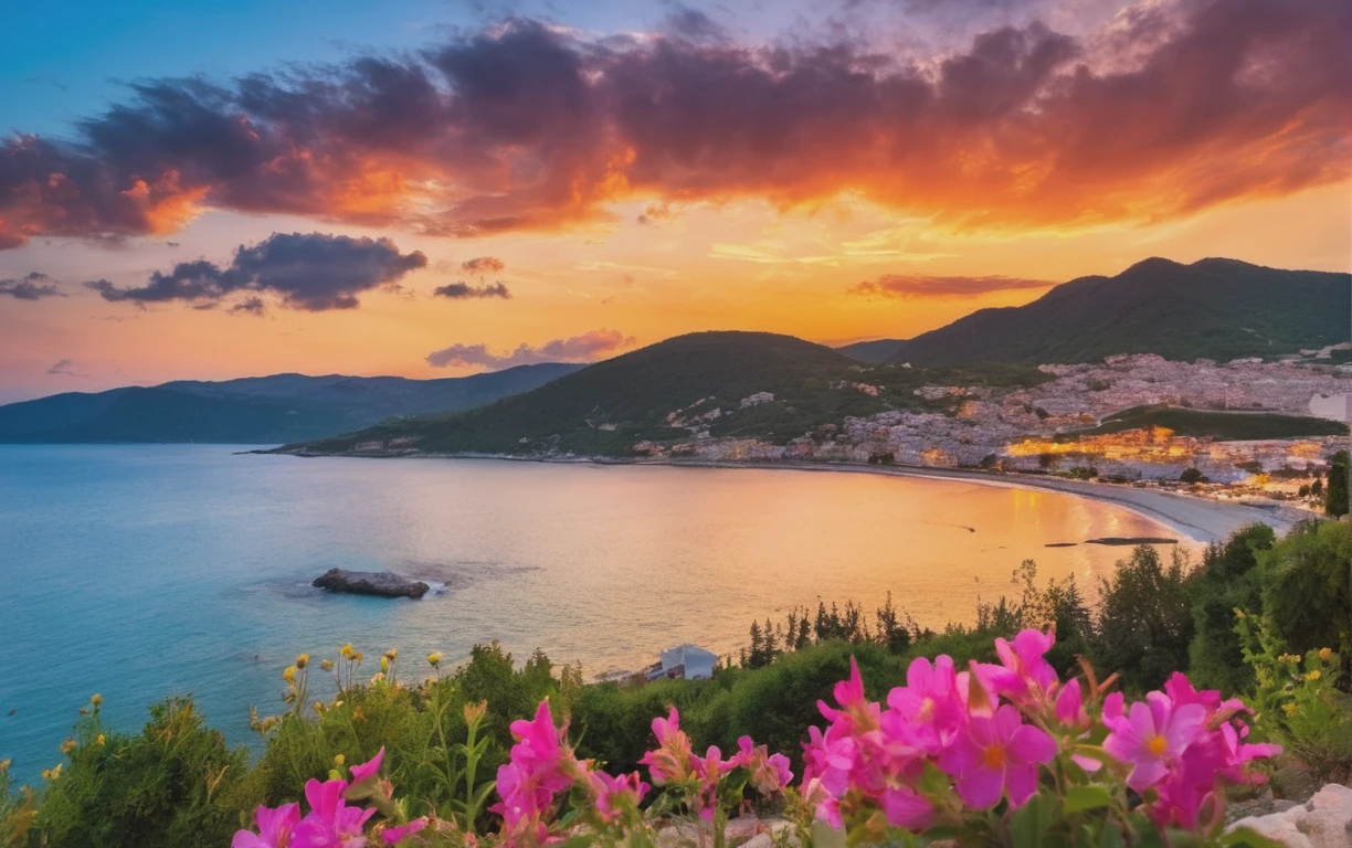 Landscape Photography, Professional Photography, small mountain beach town sitting against the skyline at sunset, beautiful sunset with lots of colors and clouds, very detailed, beautiful flowers in the foreground,