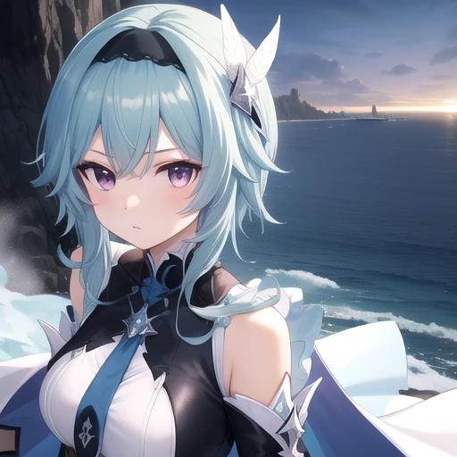 ((masterpiece)),(best quality),official art,extremely detailed CG,unity 8k wallpaper,ultra detailed,A lighthouse on a cliff by the sea,1girl,solo,upper body,(portrait:1.2),looking at viewer,blue_hair,blue_necktie,hair_ornament,bangs,long_sleeves,black_hairband,black_leotard,black_thighhighs,medium_breasts,purple_eyes,feathers,medium_hair,cape,thigh_boots,black_gloves,<lora:Eula(gen)>,