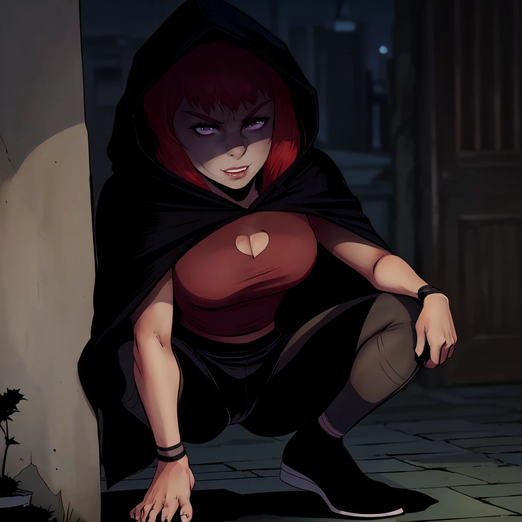 (full body, a woman squatting in a dark corner reading a old paper, at night ) <lora:HaYeonLoRA:0.8> hayeon with red hair,pants, shirt, shoes, cape, hood, beautiful eyes, beautiful girl, high detail skin, high detail eyes, high detail hair, highres, ultra detailed, sharpen picture, Highly detailed, masterpiece, best quality, smiling