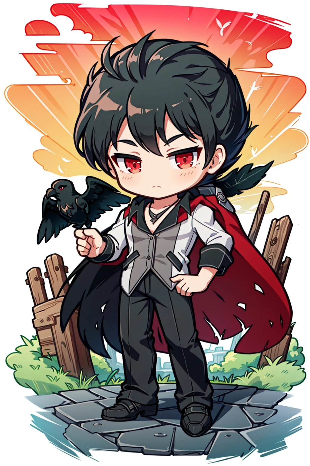 masterpiece,best quality,extremely detailed,(solo), mature male, <lora:RWBYQrow-05:1>,strqrow,(qrow branwen), red eyes, black hair, red cape, shirt, vest, pants, stubble, full body, outdoors, shoes, feathers, <lora:maplestory20:0.8>, (chibi), crow