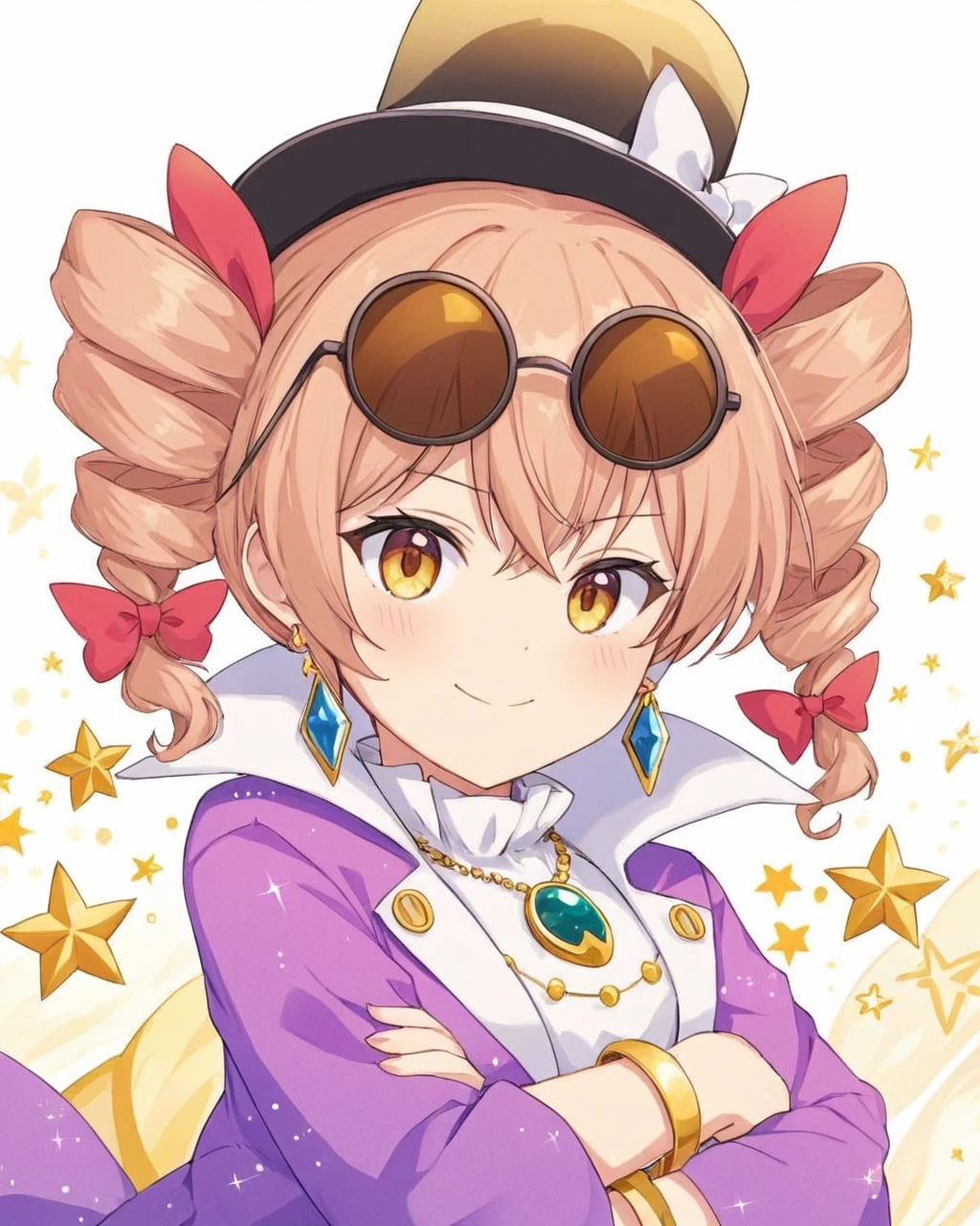 yorigami jo'on,1girl, eyewear_on_head, twin_drills, sunglasses, solo, white_dress, smile, white_background, hat_bow, bangle, closed_mouth, pendant, purple_coat, simple_background, crossed_arms, necklace, sparkle, earrings, round_eyewear, blush, ribbon, looking_at_viewer, gold, one-hour_drawing_challenge, black_headwear, high_collar, upper_body, white_bow, purple_jacket, mini_top_hat, hair_bow
<lora:yorigami_jo'on_image1462_2023-12-20-000014:1>,star-shaped_pupils,symbol-shaped_pupils,. gorgeous,key visual, vibrant, studio anime,award-winning, professional, highly detailed,high budget, cinemascope