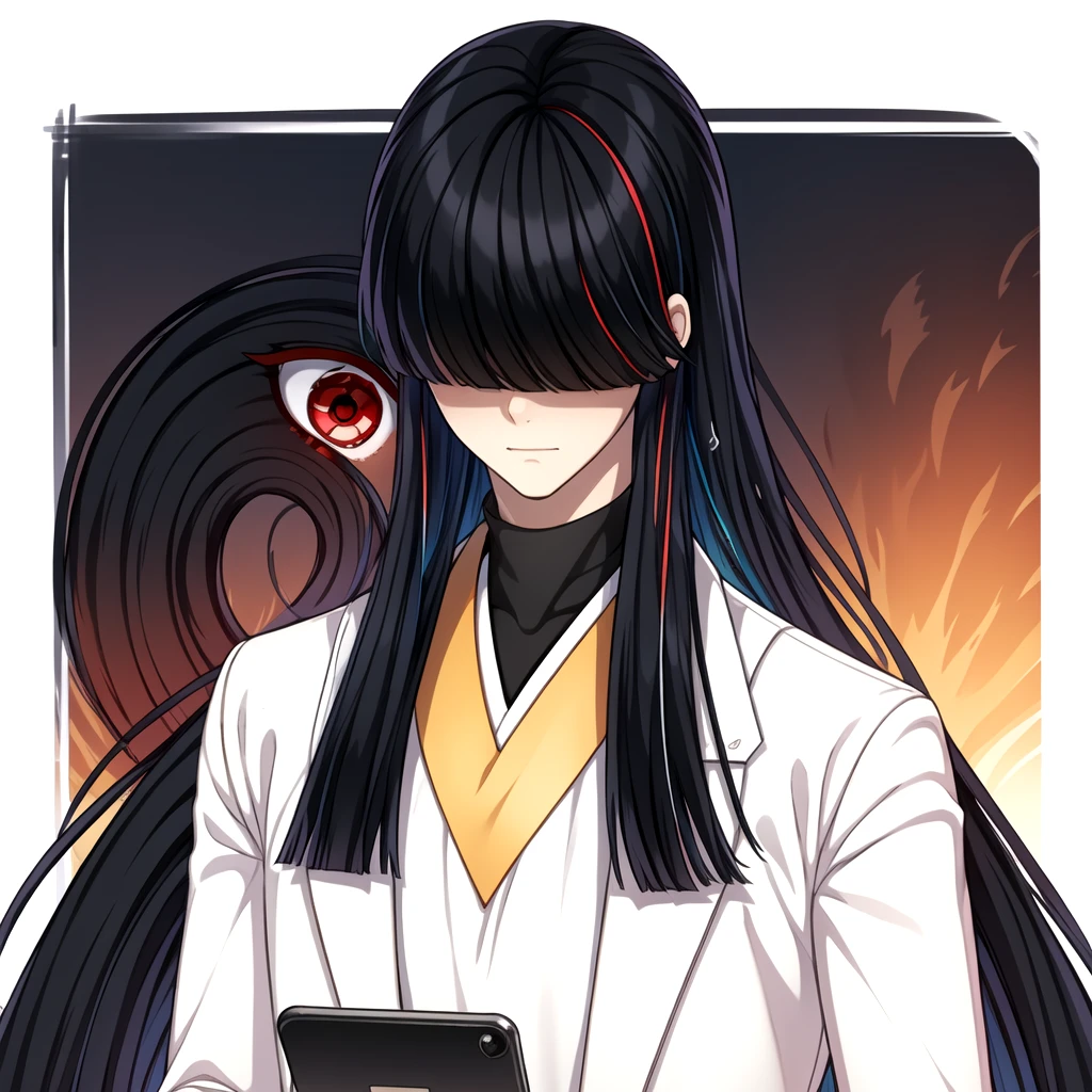 (red eye coming from hair, long hair, red eye on hair), (masterpiece:1.2, best quality) <lora:RObagot-000009:0.785> 1boy, black hair, bangs covering eyes, white outfit, holding phone