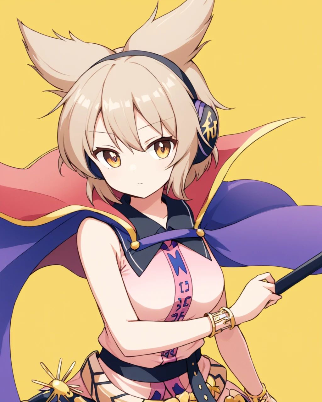 toyosatomimi no miko,1girl, solo, earmuffs, closed_mouth, holding_sword, simple_background, bracelet, looking_at_viewer, unsheathing, yellow_background, breasts, pink_shirt, belt, sleeveless_shirt, purple_cape
<lora:toyosatomimi_no_miko_image4798_2023-12-20-000009:1>,star-shaped_pupils,symbol-shaped_pupils,. gorgeous,key visual, vibrant, studio anime,award-winning, professional, highly detailed,high budget, cinemascope