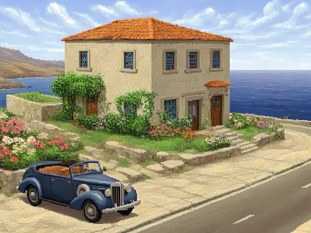 lucasarts style, a city in crete, house, grass, plants, flower box, road, vintage 1940s car, ocean <lora:lucasarts style:1.2>