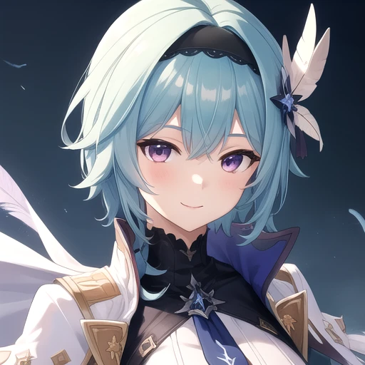 ((masterpiece)),(best quality),official art,extremely detailed CG,unity 8k wallpaper,ultra detailed,A lighthouse on a cliff by the sea,1girl,solo,upper body,(portrait:1.2),looking at viewer,blue_hair,blue_necktie,hair_ornament,bangs,smile,long_sleeves,black_hairband,black_leotard,black_thighhighs,medium_breasts,purple_eyes,feathers,medium_hair,cape,thigh_boots,black_gloves,<lora:Eula(gen)>,