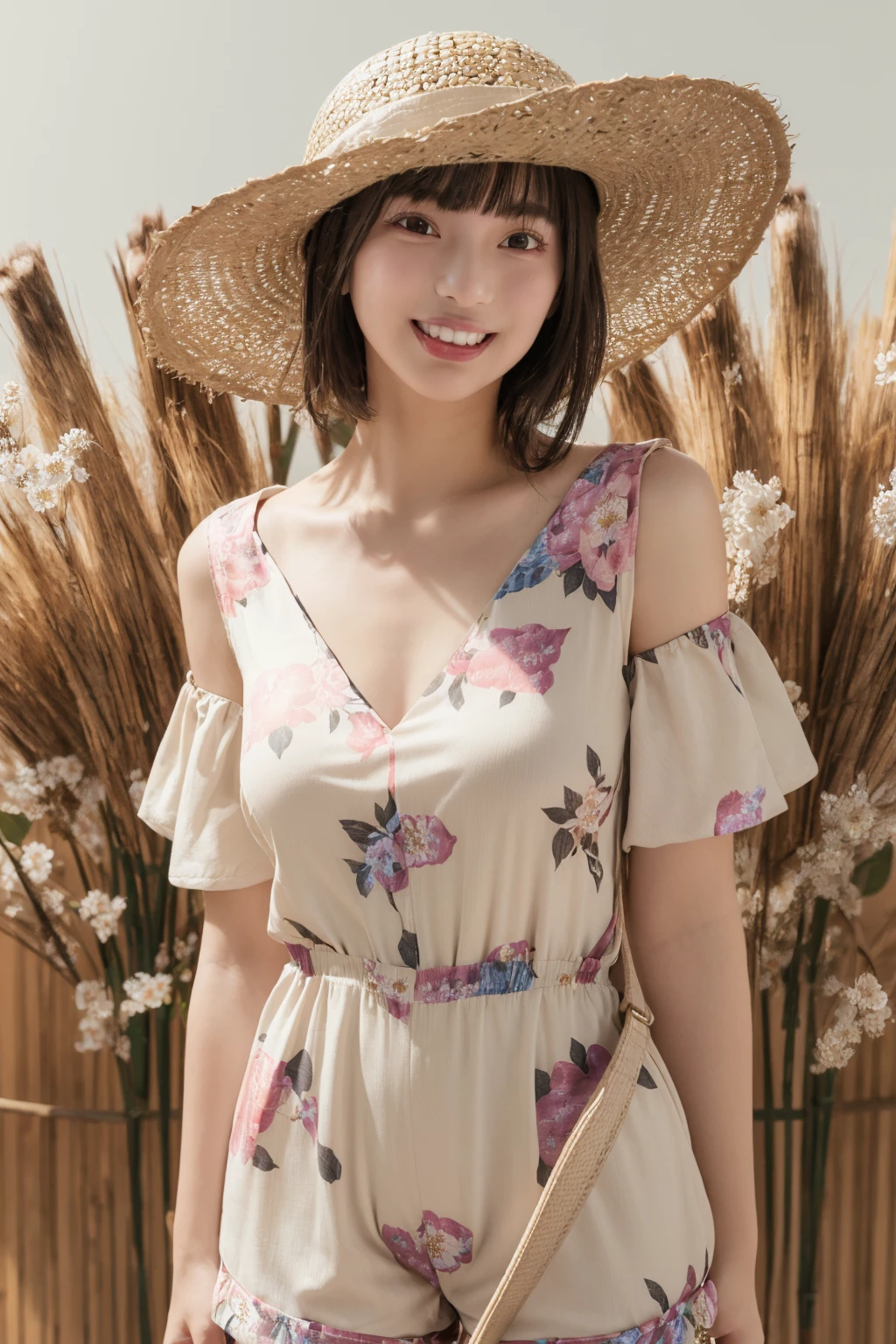 <lora:HinanoV01:1>, 1girl, short hair, bangs, small breasts, smile, best quality, masterpiece, illustration, realistic, photo-realistic, amazing, finely detail, incredibly absurdres, huge filesize, ultra-detailed, highres, extremely detailed CG unity 8k wallpaper,(Floral_printed_romper:1.5),(Straw_wide-brim_hat:1.4),(Rattan_crossbody_bag:1.3),, upper body,