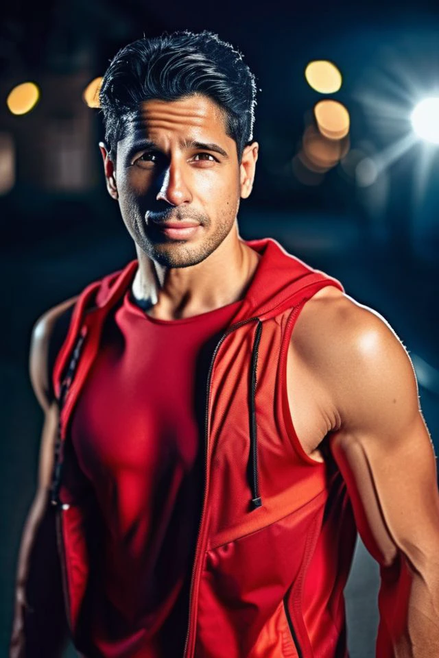lvaro morata a man <lora:sid-mal_lvaro-Morata-000002:1>, realistic photo in a worn ((skin-revealing skimpy erotic red tracksuit, massive hairy pecs)), abs, big pecs, big arms, bulge, VPL, ((light bokeh)), intricate, (steel metal [rust]), elegant, erotic, exuding sexual energy, homoerotic, sharp focus, photo by greg rutkowski, soft lighting, vibrant colors, (masterpiece), ((streets)), (detailed face), looking at viewer, light smile, night, walking towards viewer, cinematic lighting, beautiful lighting, cinematic lighting, (hazy filter, film grain:1.2)
