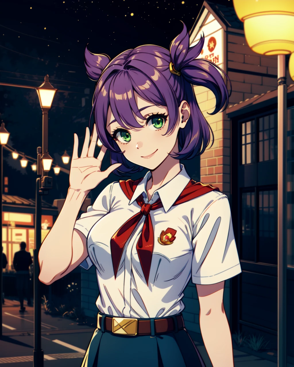 masterpiece, high quality, 1girl, bllena, medium shot, upper body, green eyes, purple hair, twintails, white shirt, red badge on shirt, red bow-tied neckerchief, leather belt, blue skirt, yellow hairpin, (dynamic pose), smile, outdoors, city, street, night, <lora:bllena-000006:0.75>, <lora:add_detail:0.5>