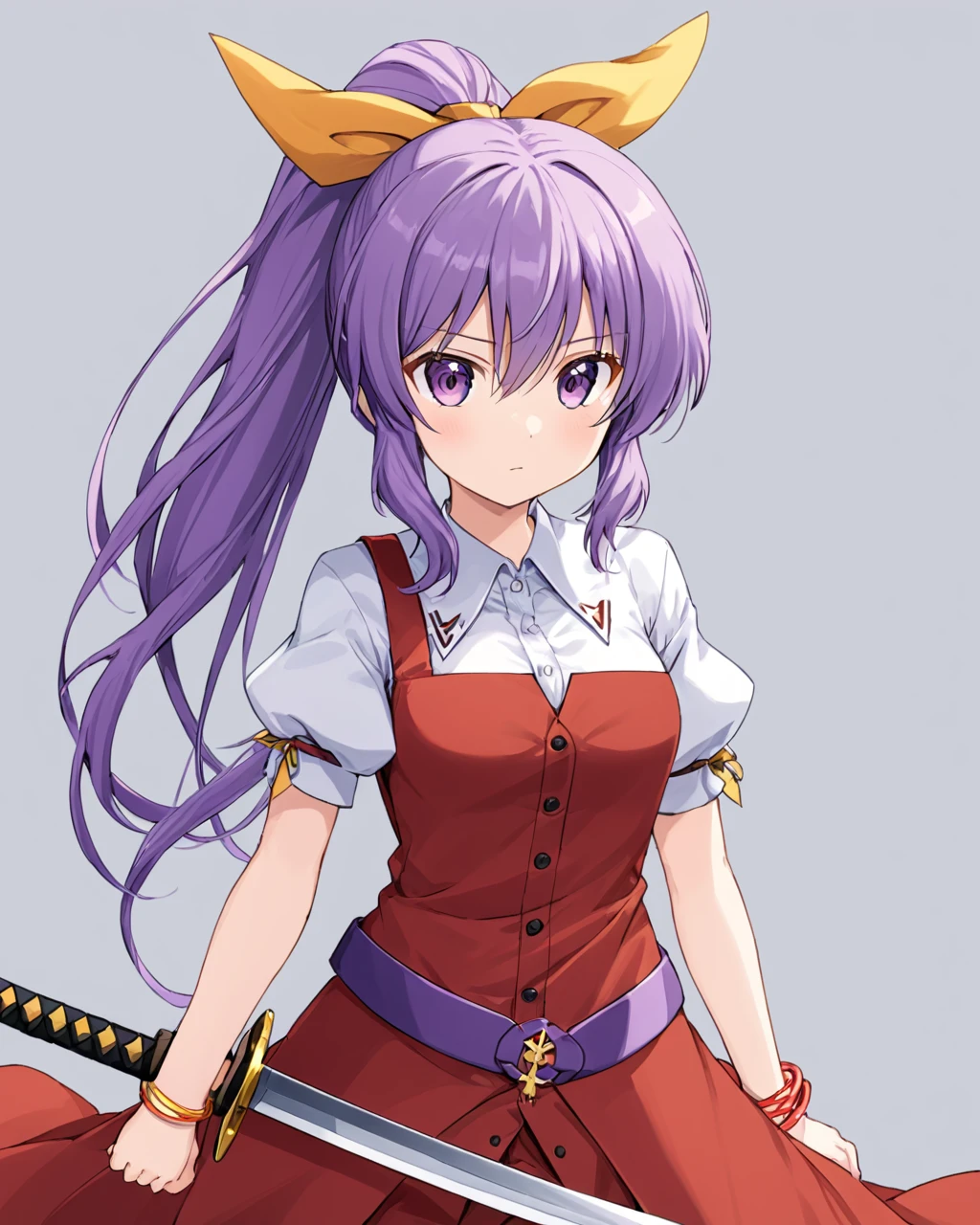 watatsuki no yorihime,1girl, solo, ponytail, white_shirt, red_dress, yellow_ribbon, bracelet, puffy_short_sleeves, katana, looking_at_viewer, closed_mouth, sheath, hair_ribbon, holding_sword, collared_shirt, single_strap, upper_body, grey_background, belt
<lora:watatsuki_no_yorihime_image737_2023-12-20:1>,star-shaped_pupils,symbol-shaped_pupils,. gorgeous,key visual, vibrant, studio anime,award-winning, professional, highly detailed,high budget, cinemascope