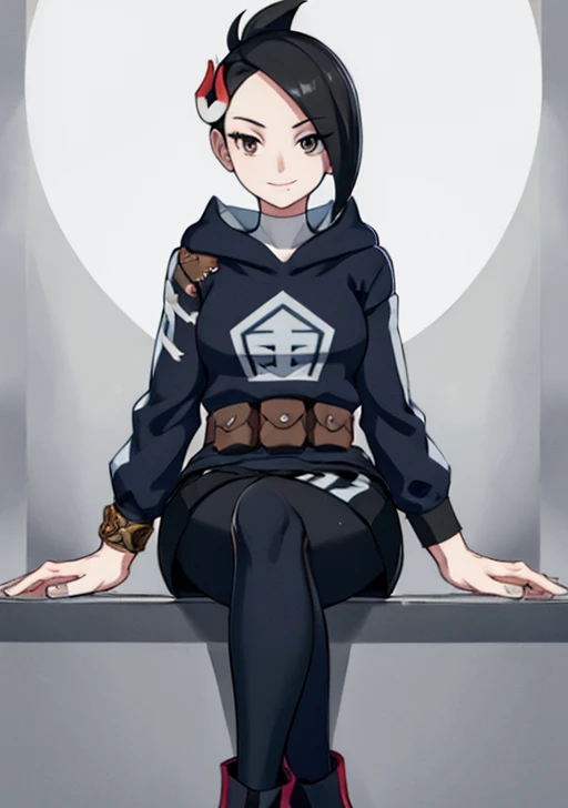 <lora:mai:0.7>,mai, 1girl, looking at viewer, smile, short hair, bangs, skirt, black hair, hair ornament, long sleeves, white background, jewelry, sitting, closed mouth, jacket, pantyhose, boots, shiny, hood, black skirt, black footwear, mole, bracelet, eyelashes,  arm support, crossed legs, mole under mouth, grey jacket, brown bag