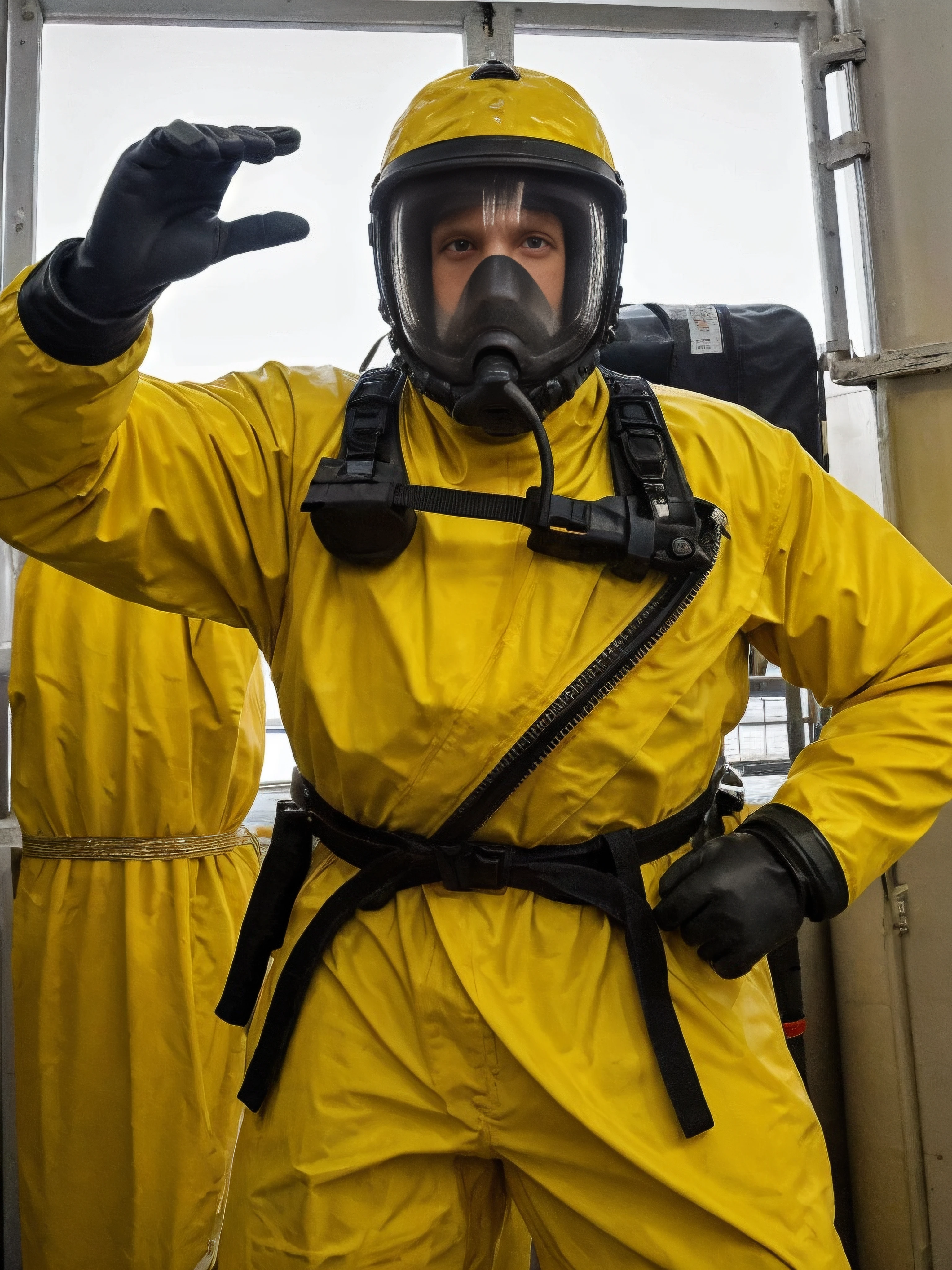 <lora:Hazmat Suit style:0.5>, 1male, hazmat suit, yellow safety robe, from the front, looking at the camera, best position, best image, good quality image, ultra quality