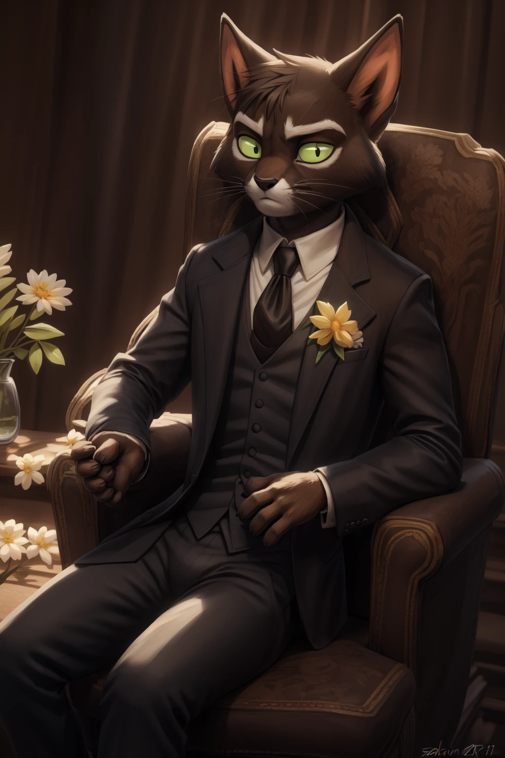 <lora:mordecai-09:0.9>, mordecaiheeler, solo, green sclera, (posing:1.3), (soft shading), 4k, hi res, five fingers, detailed hands, ((detailed face, (detailed eyes, brown), detailed)), by zackarry911, by zaush, (by personalami:0.5), solo, looking at viewer, shirt, gloves, 1boy, sitting, full body, flower, male focus, necktie, black gloves, collared shirt, pants, black footwear, black jacket, chair, black pants, formal, crossed legs, own hands together, suit, looking up, interlocked fingers, black necktie, black suit, pillarboxed