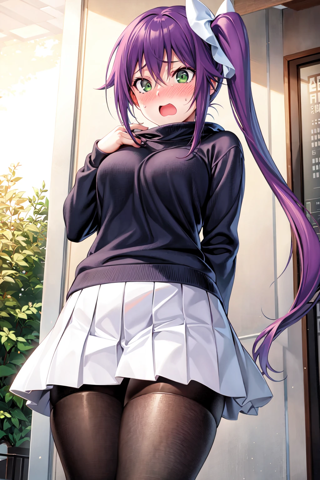 <lora:YuunaandtheHauntedHotSprings_ComicStyle3-000050:0.7:lbw=outall>purple hair, green eyes, side ponytail, pleated skirt, white skirt, pantyhose, grey sweater, blush, embarrassed, open mouth,, (best quality:1.3),1girl,<lora:GoodHands-beta2:1>,