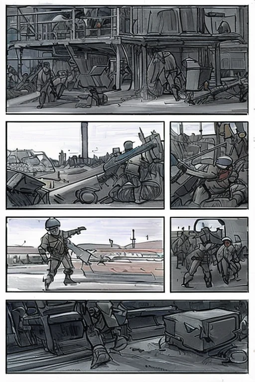 storyboard_style, modern war action battle scene industrialarea, traditional media <lora:IndustrialAreaV1:1> <lora:Storyboard:1>