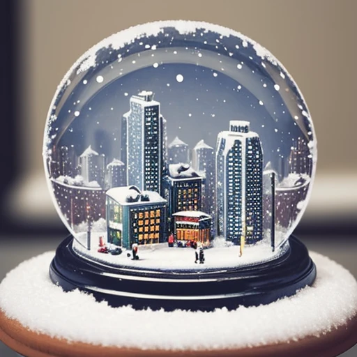 snow globe with high rise buildings and a train