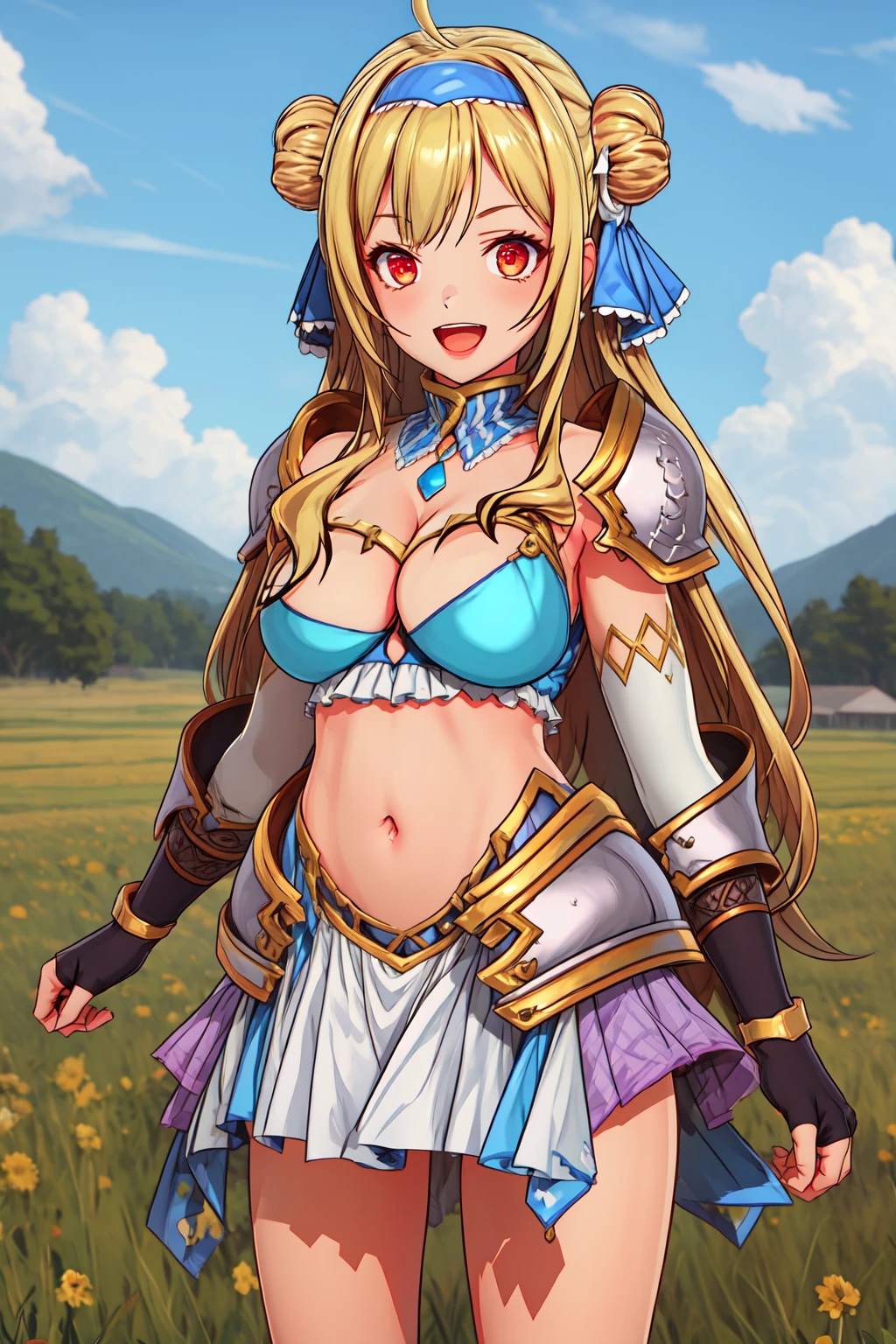 1girl, cowboy shot, smile, open mouth, field, standing,
bg_sylvia, red eyes, blonde hair, long hair, ahoge, hair bun, double bun, hair ribbon, blue hairband, cleavage, navel, armor, shoulder armor, fingerless gloves, skirt, <lora:BG_sylvia_lora_ver2:0.7>, best quality, masterpiece, highres, <lora:GoodHands-vanilla:1>