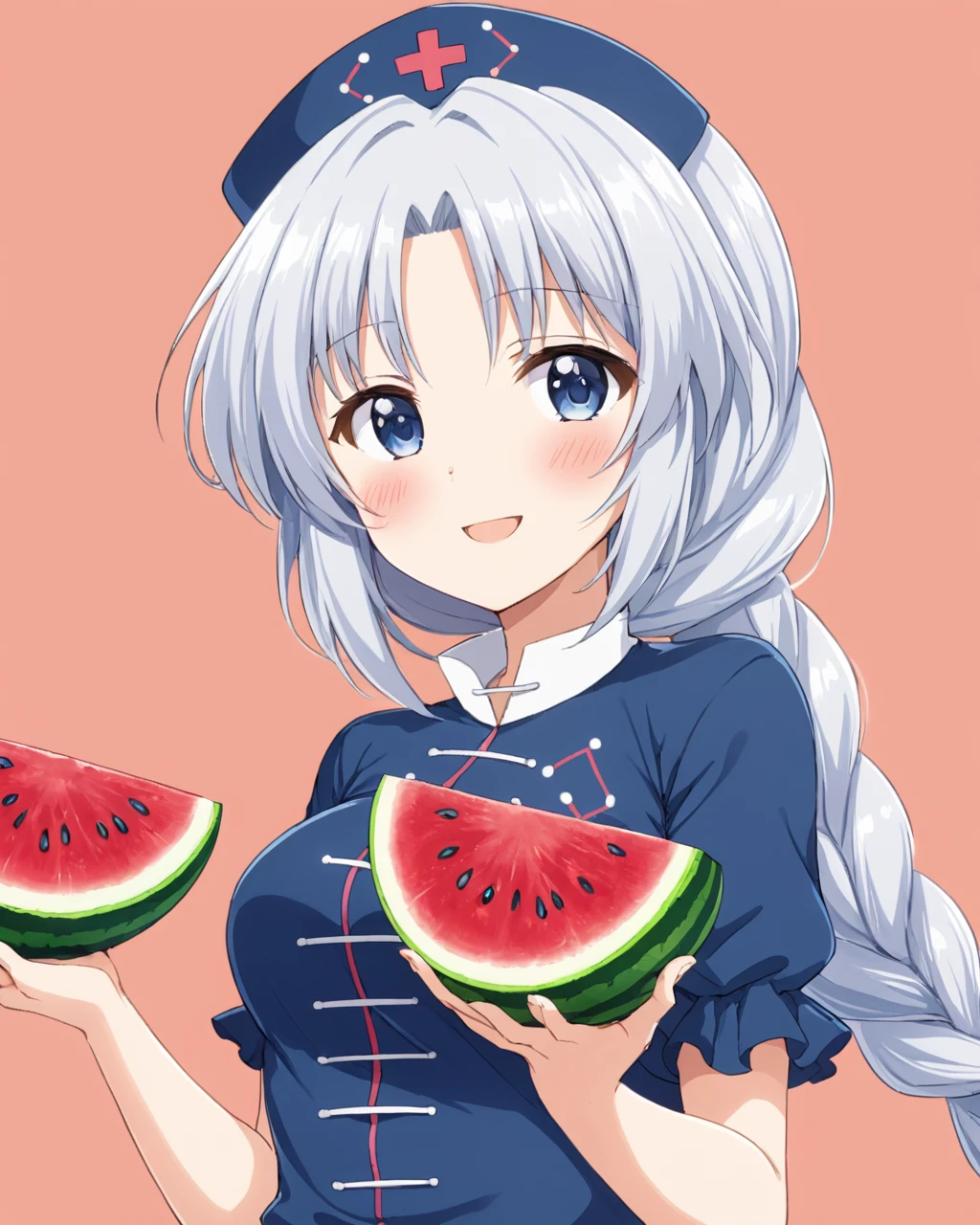 yagokoro eirin,1girl, solo, one_eye_closed, tongue_out, braid, watermelon_bar, watermelon, medium_breasts, smile, blush, nurse_cap
<lora:yagokoro_eirin_image2417_2023-12-20-000010:1>,star-shaped_pupils,symbol-shaped_pupils,. gorgeous,key visual, vibrant, studio anime,award-winning, professional, highly detailed,high budget, cinemascope