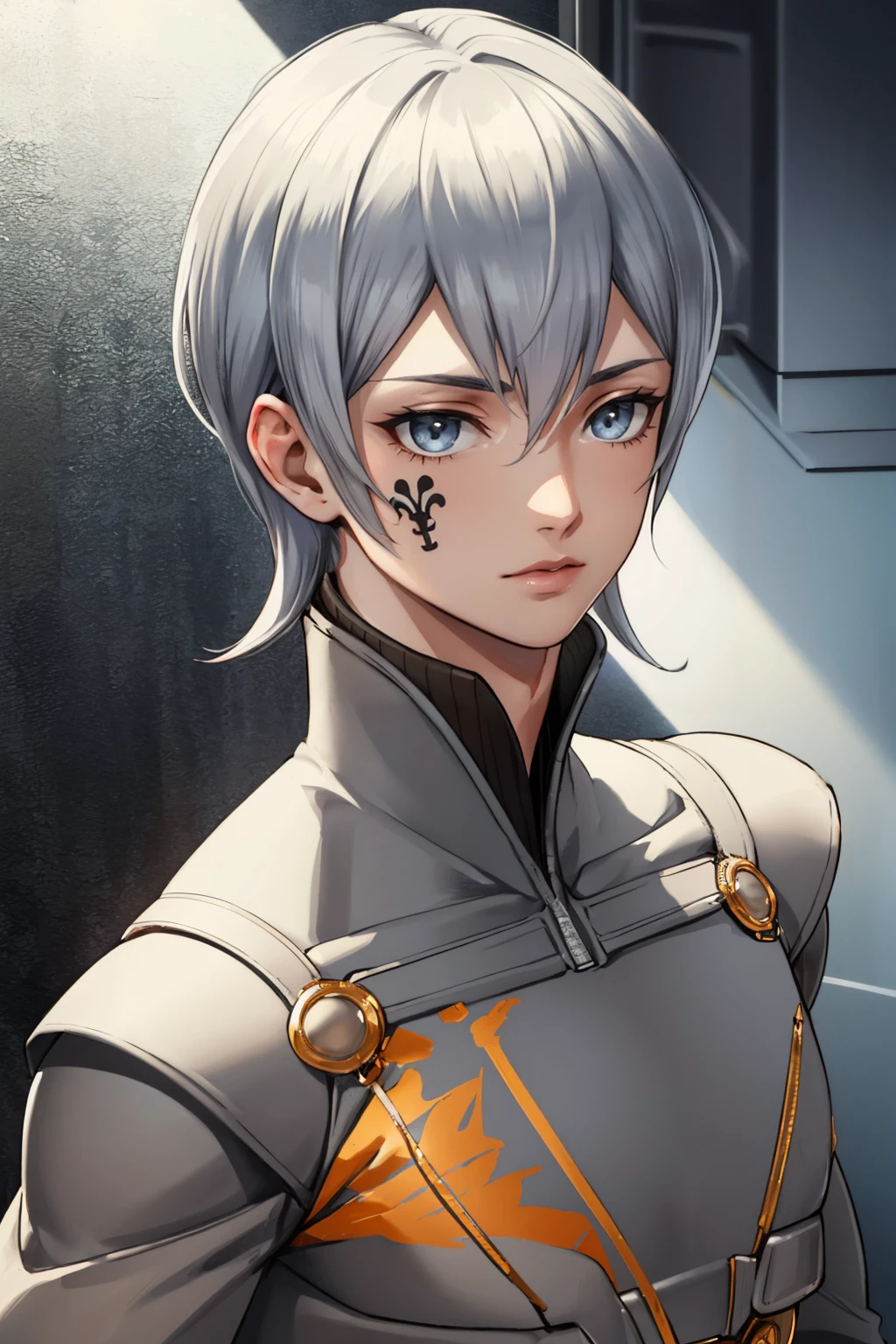 masterpiece, best quality,
<lora:zs_Serph:1> serphdds, bodysuit, grey hair, tattoo