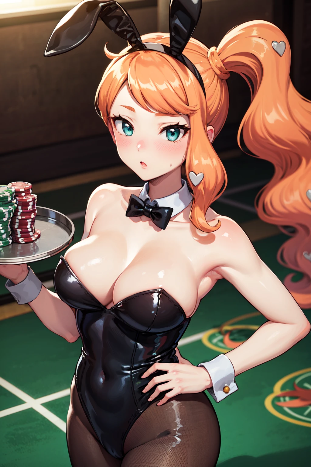 masterpiece,best quality,highres,ultra-detailed,aasonia,eyelashes,long hair,side ponytail,heart hair ornament,<lora:sonia_(pokemon):0.8>,rabbit ears,playboy bunny,casino,holding tray,embarrassed,blush,standing,