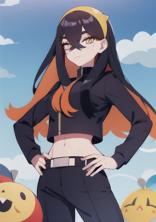 <lora:carmine:0.7>, carmine, 1girl, solo, long hair, looking at viewer, bangs, black hair, long sleeves, hair between eyes, yellow eyes, red hair, multicolored hair, hairband, sky, midriff, pants, cloud, orange hair, mole, two-tone hair, crop top, hand on hip, mole under eye, colored inner hair