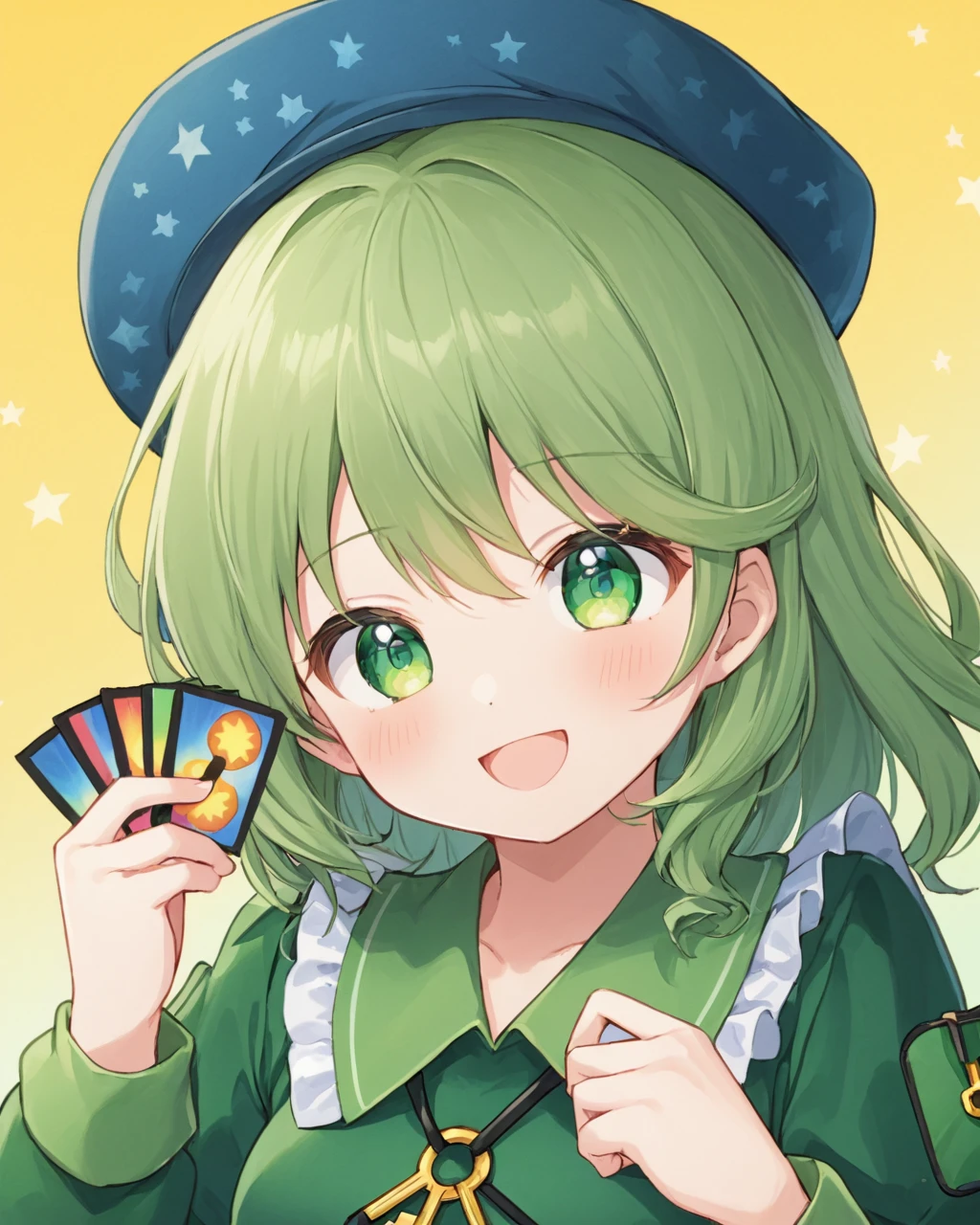 yamashiro takane,1girl, solo, traditional_media, hat, holding_card, open_mouth, key, long_sleeves, looking_at_viewer, smile, green_background, upper_body, hands_up, blue_headwear, blush_stickers, key_necklace, gradient, gradient_background, shirt, medium_breasts, yellow_background, black_border, puffy_sleeves, collar, green_dress
<lora:yamashiro_takane_image489_2023-12-20-000015:1>,star-shaped_pupils,symbol-shaped_pupils,. gorgeous,key visual, vibrant, studio anime,award-winning, professional, highly detailed,high budget, cinemascope
