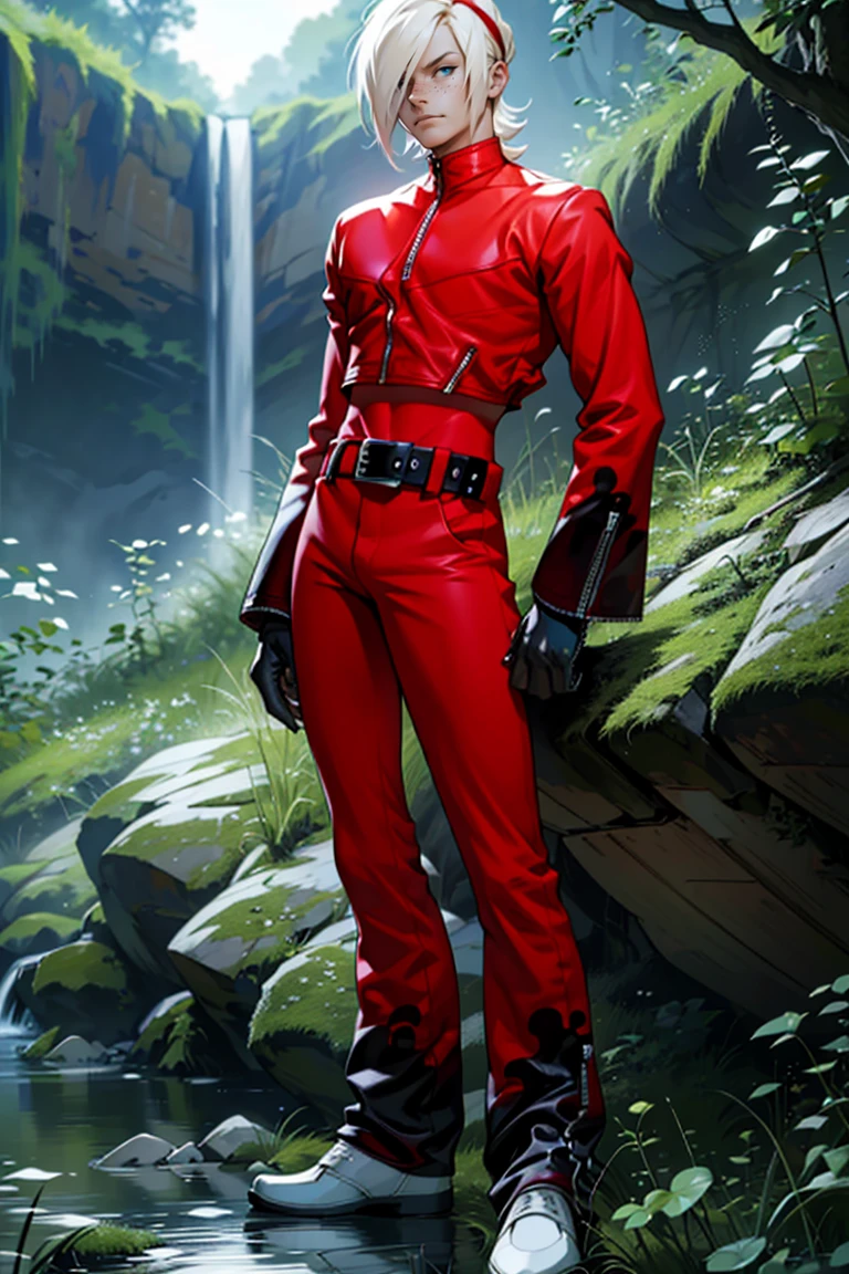 (masterpiece,  best quality:1.2),   ,  (depth of field:1.1), AshCrimson,  1guy,  blonde hair,  hair band,  red jacket,  freckles,  femboy,  red bodysuit,  red pants,  belt,  fingerless gloves,  nail polish,  full body,  crossed arms, waterfall,  masterpiece,  highness,  perfect face,  perfect picture,  sharp focus,<lora:EMS-253809-EMS:1.000000>