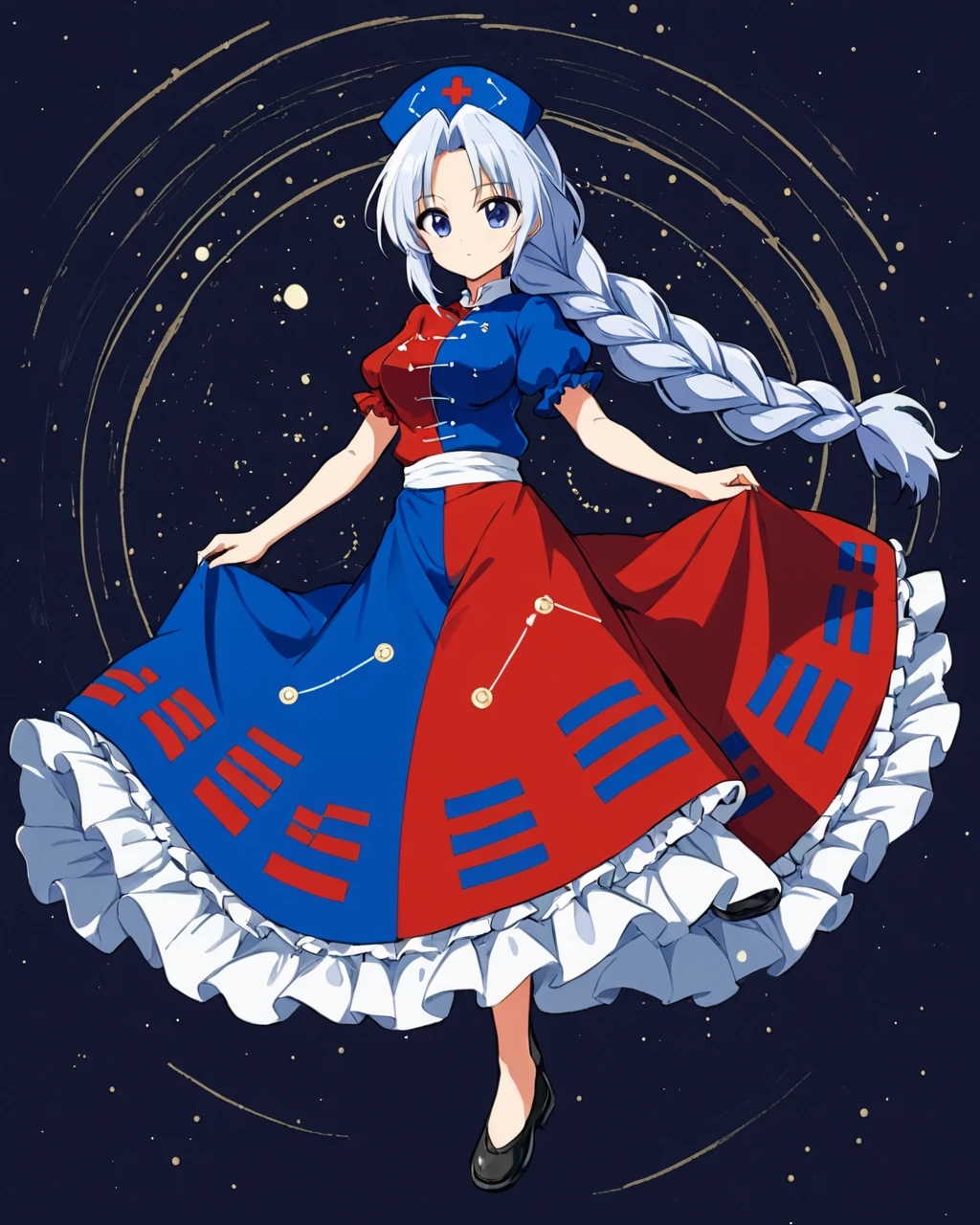 yagokoro eirin,1girl, solo, nurse_cap, red_dress, frilled_dress, black_footwear, looking_at_viewer, blue_dress, full_body, multicolored_dress, trigram, single_braid, constellation_print, puffy_short_sleeves, constellation, two-tone_dress, red_cross, breasts, traditional_media, simple_background, signature, shoes, blue_headwear, petticoat, braided_ponytail
<lora:yagokoro_eirin_image2417_2023-12-20-000010:1>,star-shaped_pupils,symbol-shaped_pupils,. gorgeous,key visual, vibrant, studio anime,award-winning, professional, highly detailed,high budget, cinemascope