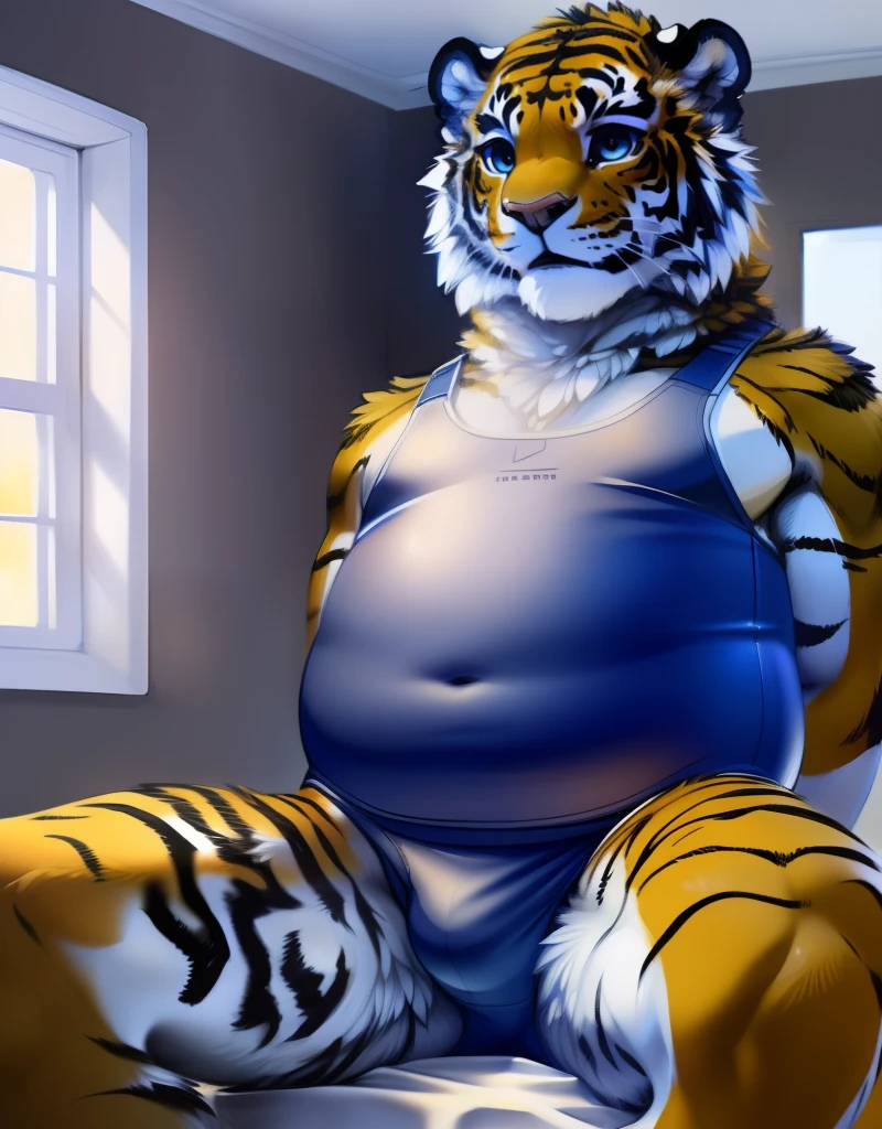 (((detailed eyes, detailed face))), (anthro, tiger, golden body), male, (solo), (plump, fat, chubby, overweight), (male swimsuit <lora:bulge_swimsuit_cum_findigo_v4:1>, one-piece swimsuit), (bulge), sitting, (arms behind back), smile BREAK (by Pino Daeni, by ruaidri, yupa, kiyosan), bedroom, (soft shading, high brightness), masterpiece, (full body)