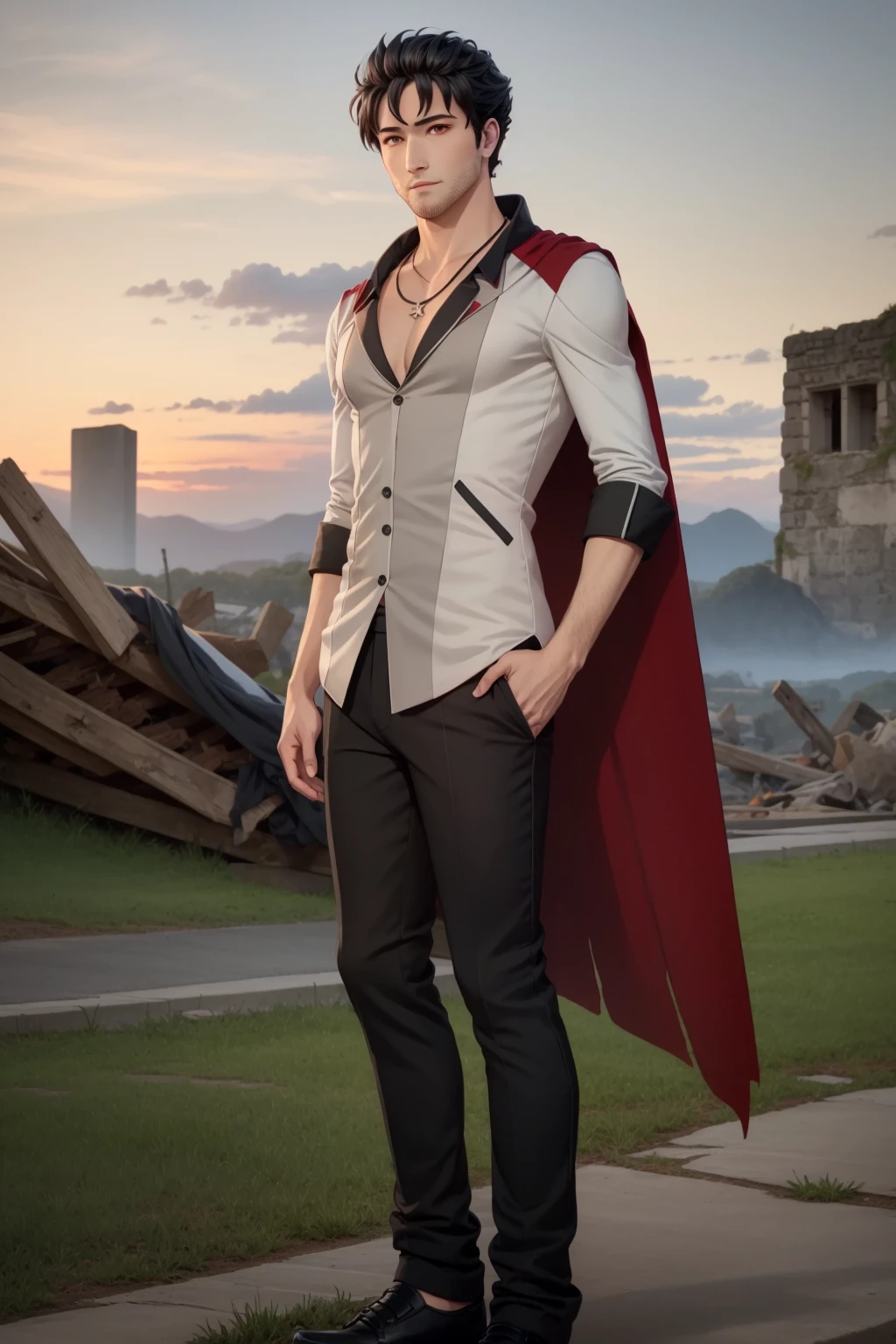masterpiece,best quality,extremely detailed,(solo), mature male, <lora:RWBYQrow-05:0.8>,strqrow,(qrow branwen), red eyes, black hair,cape, (open shirt), pectorals, pants, stubble, full body, outdoors, shoes, leaning against ruins, socks