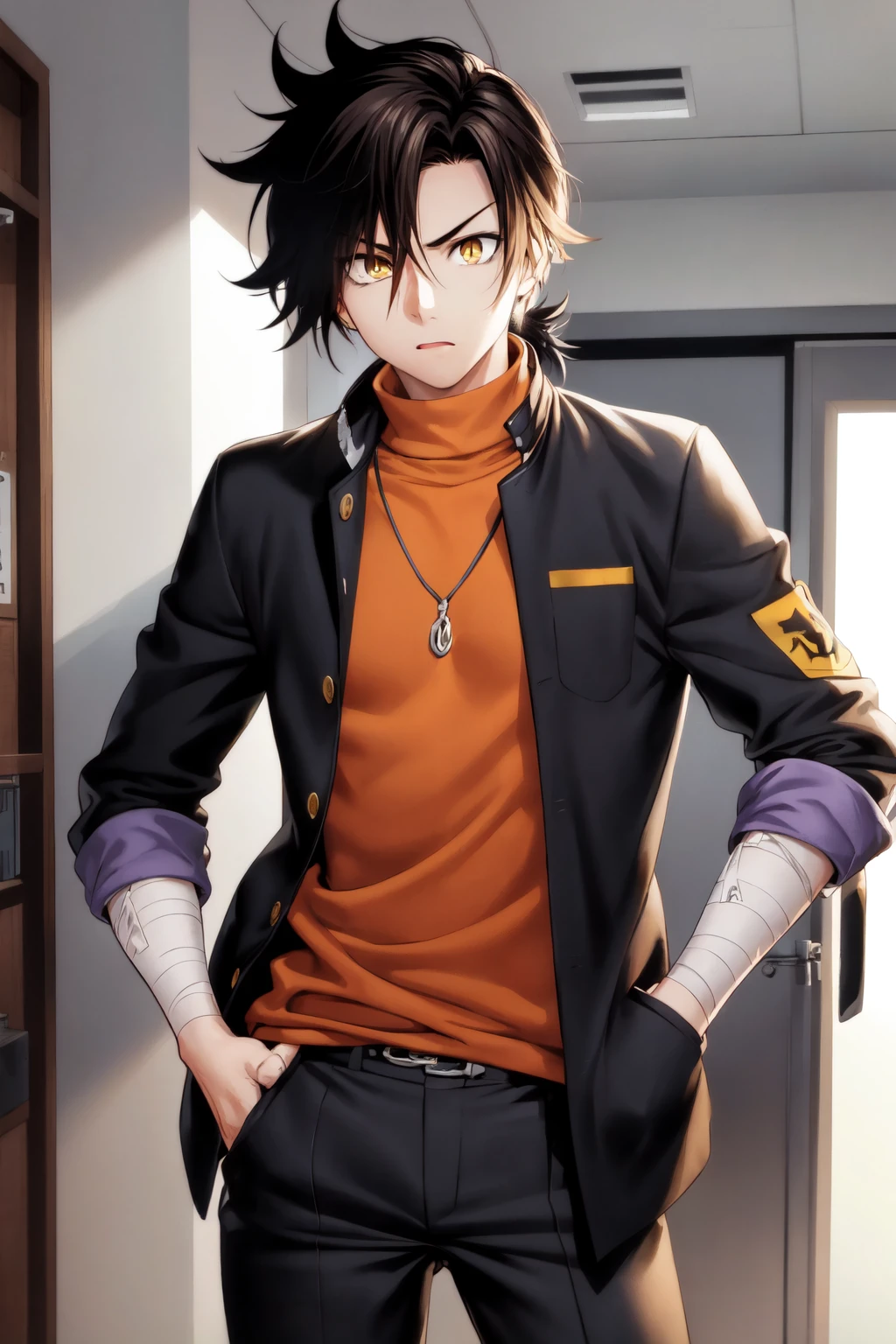 <lora:YuunaandtheHauntedHotSprings_ComicStyle3-000050:0.7:lbw=outall>
(1boy:1.2), messy hair, black hair, yellow eyes, forehead,
school uniform, black jacket, open jacket, orange shirt, turtleneck, sleeves rolled up, bandage, (best quality, masterpiece:1.3)