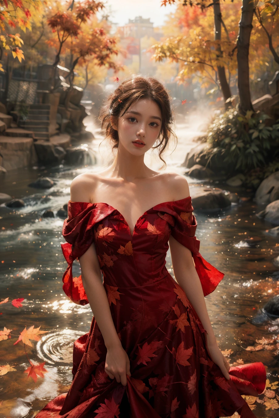 (fashion magazine cover:1.3),(full-size photograph:1.3),(a beautiful and delicate girl:1.2),(gorgeous formal attire:1.1),(fashion design:1.1),a tender and watery gaze,elegant,
((Dadaism)),(creek:1.2),(free wind:1.1),(mist:1.1),warm and delicate sunshine,<lora:maple leafðå¶è½ç°å¢_v1.0:0.77>,(red maple leaf:1.1),photography,