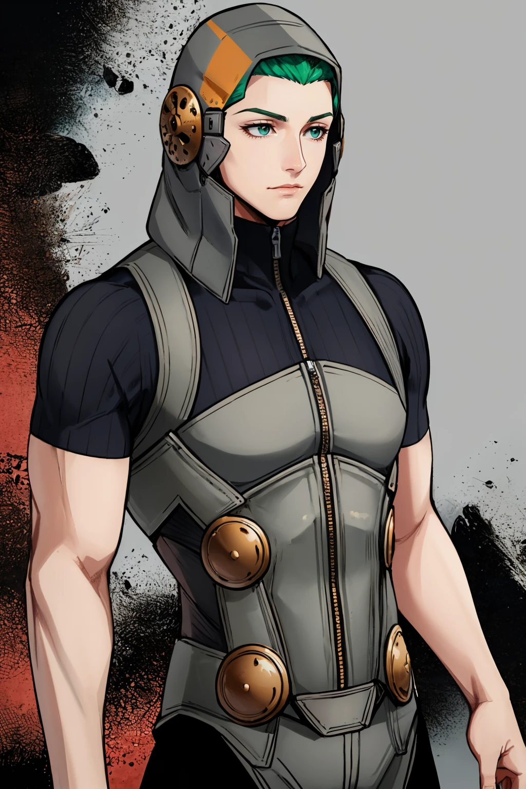 masterpiece, best quality, cowboy shot
<lora:zs_Gale:1> galedds, bodysuit, hood, short sleeves