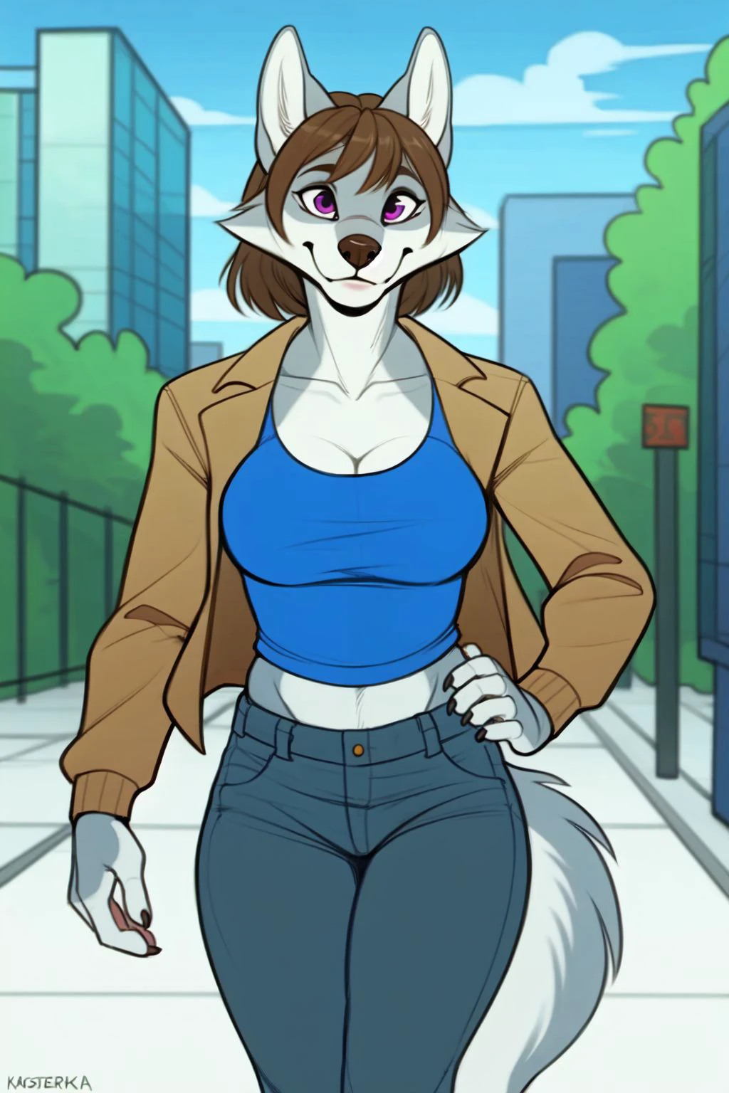 ((masterpiece)), uploaded on e621, best quality, 1girl, solo,  (wolf, anthro, brown hair, purple eyes, tail), standing, face focus, jacket, shirt, pants, (detailed background, 4k, 2k, cinematic, movie, ultra hd), ([:by Sandra Chevrier, by Katsushika Hokusai, by Lawyerdog, by Alphonse Mucha:0.25]), day, walking in the city, city,   <lora:chloe_shiwulfV1.4:0.7>