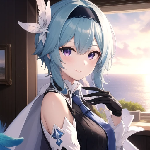 ((masterpiece)),(best quality),official art,extremely detailed CG,unity 8k wallpaper,ultra detailed,A lighthouse on a cliff by the sea,1girl,solo,upper body,(portrait:1.2),looking at viewer,blue_hair,blue_necktie,hair_ornament,bangs,smile,long_sleeves,black_hairband,black_leotard,black_thighhighs,medium_breasts,purple_eyes,feathers,medium_hair,cape,thigh_boots,black_gloves,<lora:Eula(gen)>,