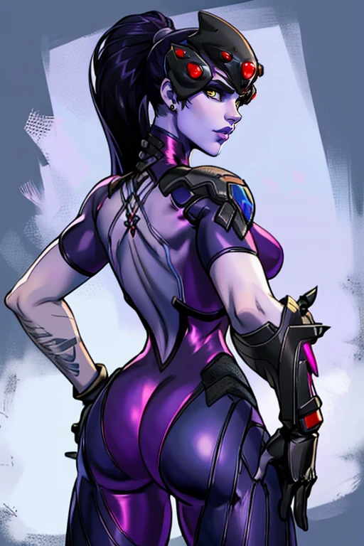 masterpiece,best quality,extreme detail,8k,image sharpness,<lora:widowmaker-10:0.8>, widow2,1girl,solo,long hair,breasts,looking at viewer,simple background,gloves,jewelry,medium breasts,yellow eyes,ponytail,purple hair,ass,short sleeves,cowboy shot,earrings,black gloves,looking back,from behind,armor,lips,hand on hip,clothing cutout,bodysuit,tattoo,colored skin,back,black background,gauntlets,skin tight,backless outfit,purple skin,hair pulled back,purple lips,back cutout,pink bodysuit,head-mounted display,back tattoo, huge ass,