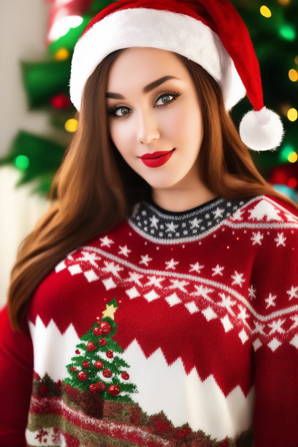 <lora:RomiChase:1.1> portrait of romichase, (curvy:0.6), christmas wool sweater, christmas theme, snowflakes, christmas tree, highly detailed, 8k