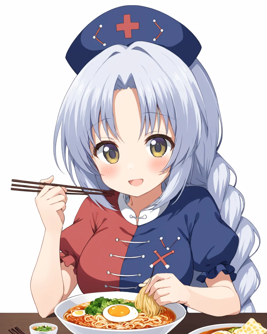 yagokoro eirin,1girl, solo, nurse_cap, bowl, ramen, blush, braid, open_mouth, egg, short_sleeves, smile, cross, white_background, simple_background, puffy_sleeves, dress, eating, holding_chopsticks, medium_breasts, upper_body
<lora:yagokoro_eirin_image2417_2023-12-20-000010:1>,star-shaped_pupils,symbol-shaped_pupils,. gorgeous,key visual, vibrant, studio anime,award-winning, professional, highly detailed,high budget, cinemascope