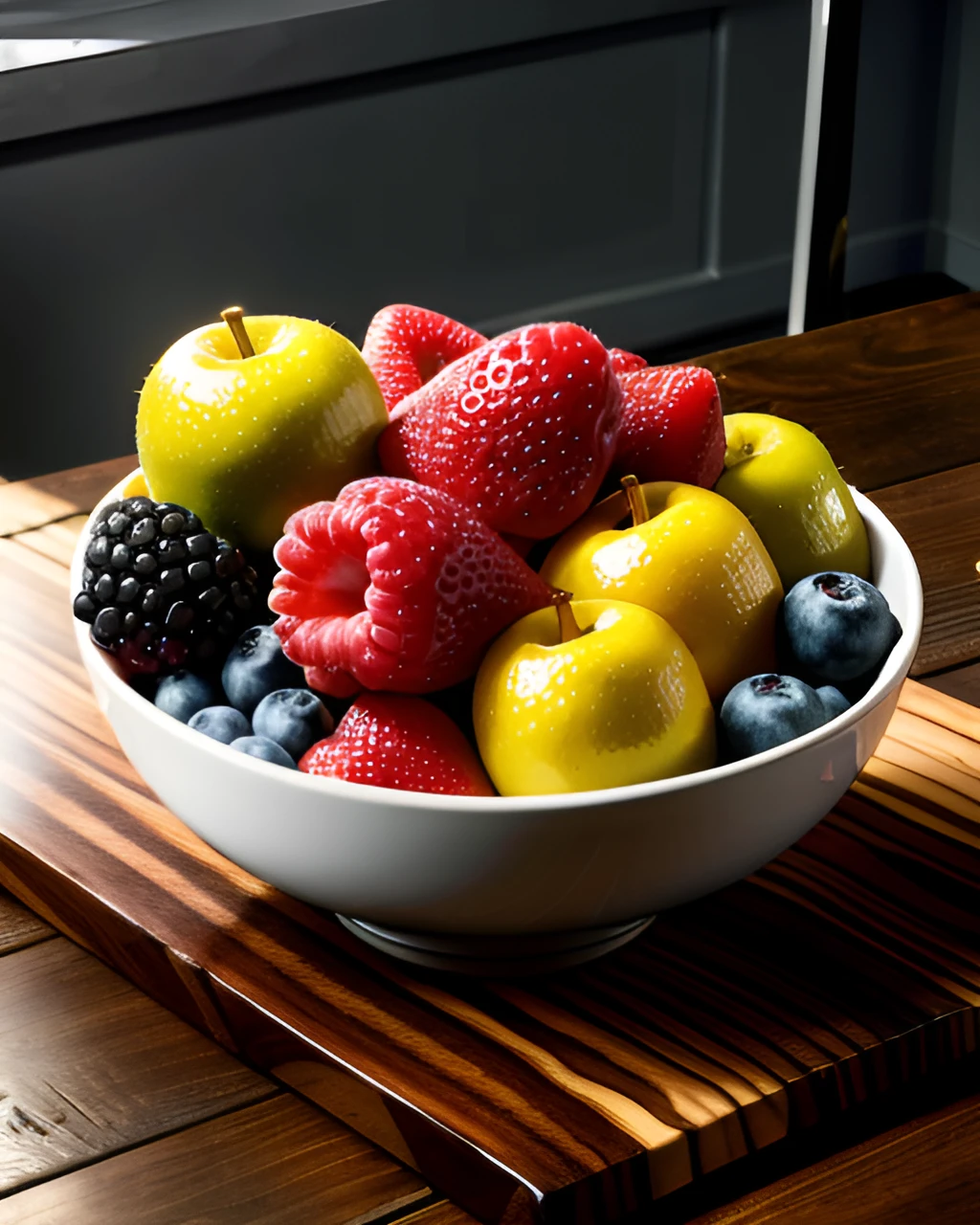 intricatedetails, Rembrandt lighting on a bowl of mixed fruit in a wooden bowl on a chrome table
