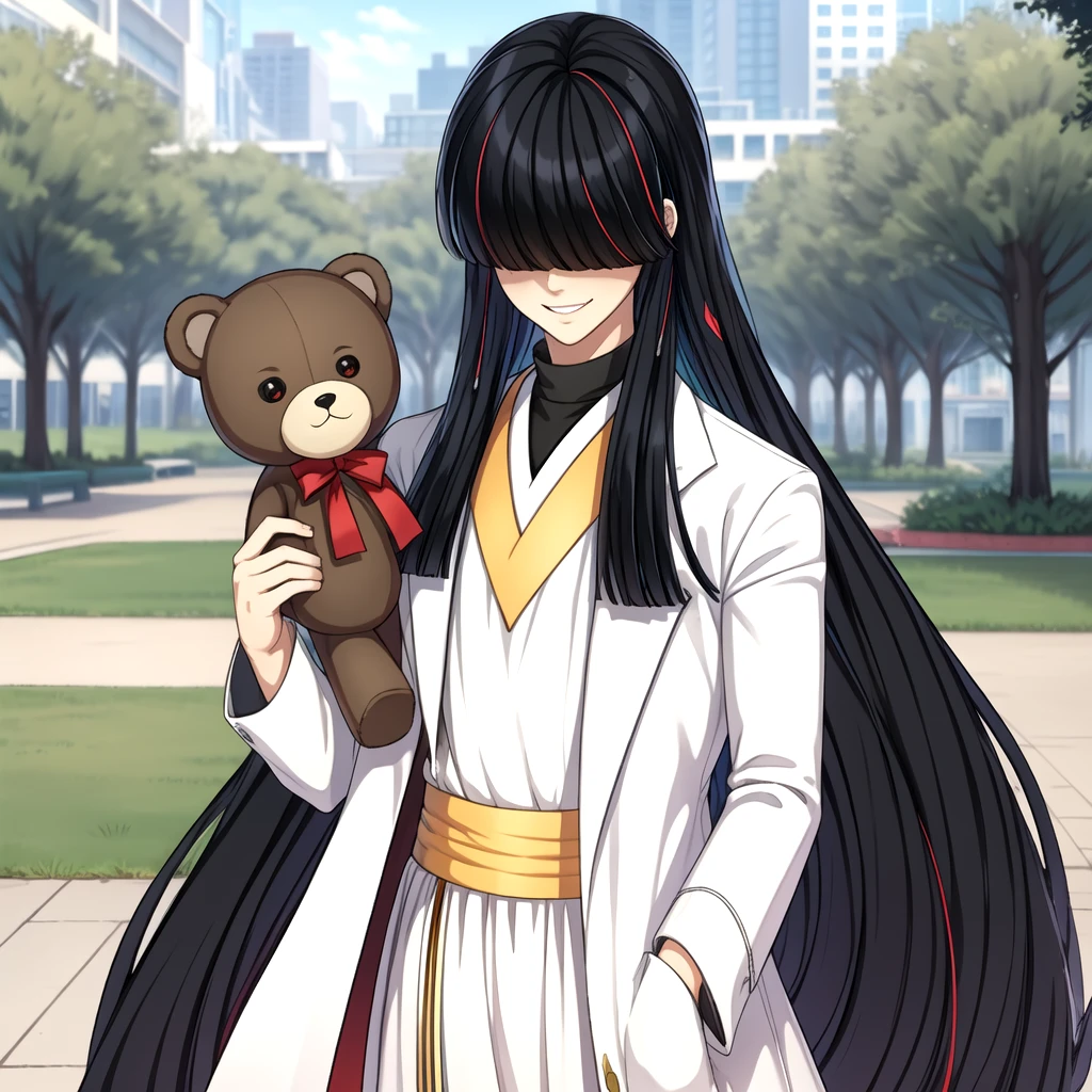 cowboy shot, holding teddy bear, (demonic red eye on hair:1.1), long hair, (masterpiece:1.2, best quality) <lora:RObagot-000009:0.85> 1boy, black hair, bangs covering eyes, white outfit, wide smile, happy, park background