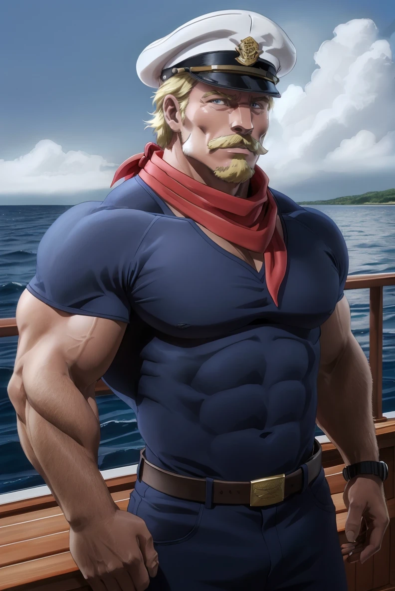 (RAW photo), captaintenille, boat deck, muscular, blond hair, short hair, <lora:Captain Tenille:0.5>, captain's hat, red neckerchief, blue shirt