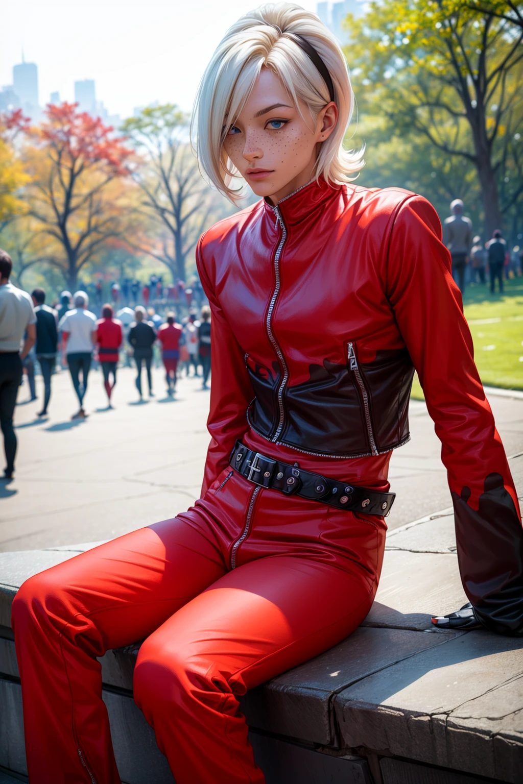 (masterpiece,  best quality:1.2),  solo,  AshCrimson,  1guy,  blonde hair,  male,  man,  solo,  hair band,  red jacket,  freckles, red bodysuit,  red pants,  belt,  fingerless gloves,  nail polish,  sitting,  ((at the central park)),  masterpiece,  perfect face,  perfect picture,  detailed eyes,  sharp focus, High detailed view, High detailed,<lora:EMS-253809-EMS:1.000000>