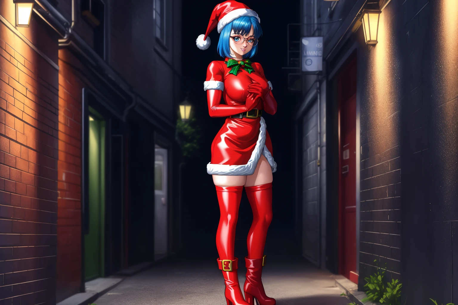 (masterpiece, best quality, high quality, highres, ultra-detailed),  <lora:SachieMurataV2:1>, , 2000s \(style\), retro artstyle, 
1girl, sachiemurata, glasses, blue hair, short hair, blue eyes,  looking at viewer, 
red santa dress, red boots, red elbow gloves, santa hat,
full body, standing, city alleyway, night time,